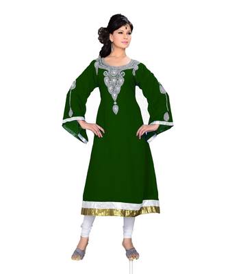 Bottle Green Georgette Embroidered Zari_Work Islamic Tunics 1