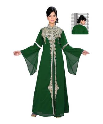 Bottle Green Georgette Embroidered Zari_Work Islamic Kaftans 1
