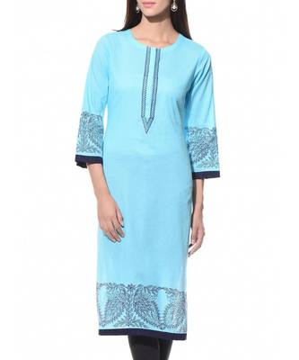 Turquoise Plain Cotton Stitched Kurti 1