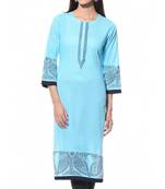 Turquoise Plain Cotton Stitched Kurti