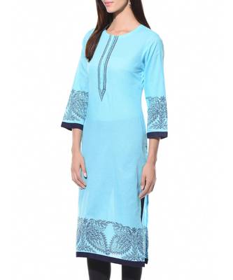 Turquoise Plain Cotton Stitched Kurti 3