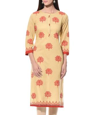 Beige Plain Cotton Stitched Kurti 1