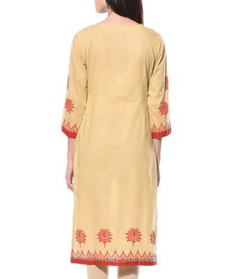 Beige Plain Cotton Stitched Kurti 2