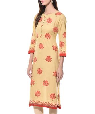 Beige Plain Cotton Stitched Kurti 3