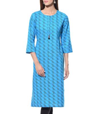 Blue Plain Cotton Stitched Kurti 1