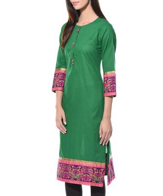 Green Plain Cotton Stitched Kurti 3