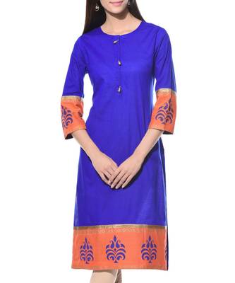Blue Plain Cotton Stitched Kurti 1