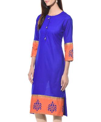 Blue Plain Cotton Stitched Kurti 3