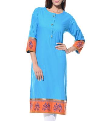 Turquoise Plain Cotton Stitched Kurti 1