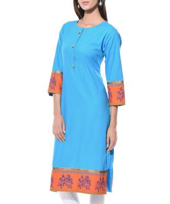 Turquoise Plain Cotton Stitched Kurti 3