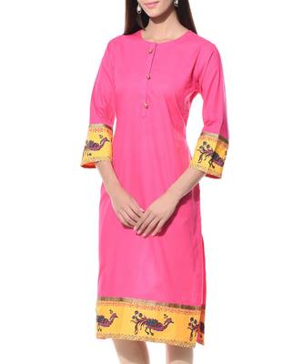Pink Plain Cotton Stitched Kurti 1
