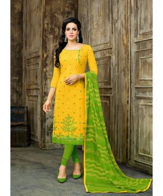 Yellow printed Cotton Blend unstitched salwar with dupatta 1