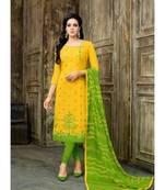 Yellow printed Cotton Blend unstitched salwar with dupatta