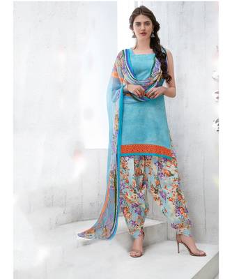 turquoise printed Cotton Blend unstitched salwar with dupatta 1