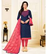 Blue printed Cotton Blend unstitched salwar with dupatta