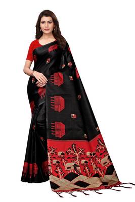 Black printed khadi saree with blouse 2
