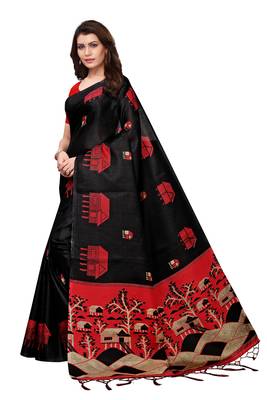 Black printed khadi saree with blouse 3