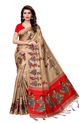 Chiku printed khadi saree with blouse 1