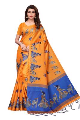 Orange printed khadi saree with blouse 1