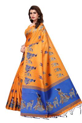 Orange printed khadi saree with blouse 2