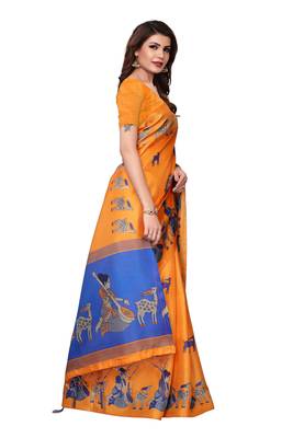 Orange printed khadi saree with blouse 3
