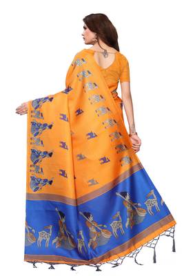 Orange printed khadi saree with blouse 4
