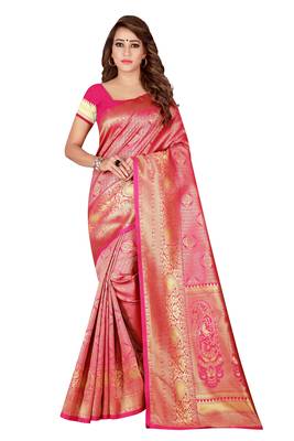 Pink woven banarasi saree with blouse 1