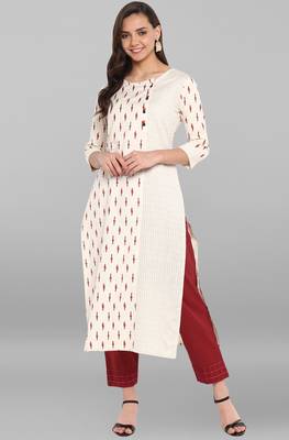 Janasya Cream printed cotton kurtis 1