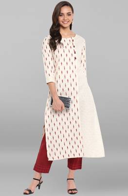 Janasya Cream printed cotton kurtis 2