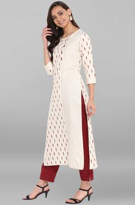Janasya Cream printed cotton kurtis 3