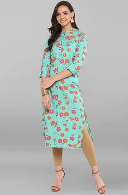 Janasya Sea-green printed cotton kurtis 1