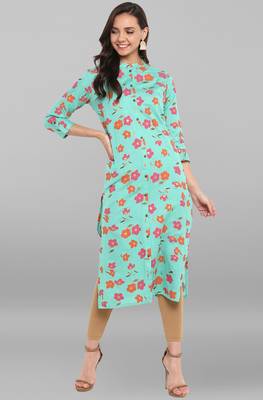 Janasya Sea-green printed cotton kurtis 2