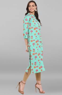 Janasya Sea-green printed cotton kurtis 4