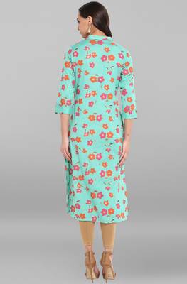 Janasya Sea-green printed cotton kurtis 5