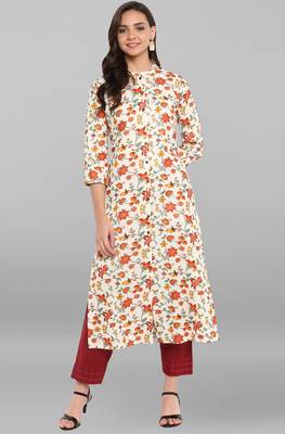 Janasya Cream printed cotton kurtis 1