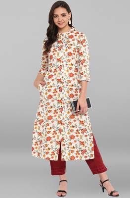 Janasya Cream printed cotton kurtis 2