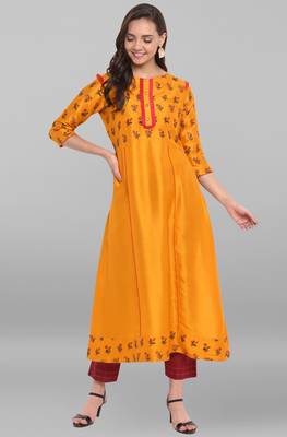 Janasya Mustard printed art silk kurtis 1