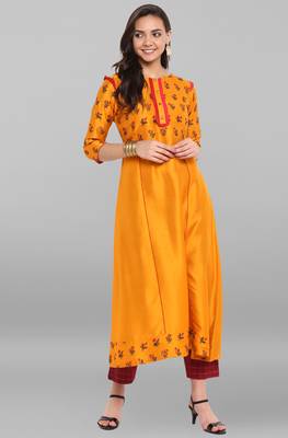 Janasya Mustard printed art silk kurtis 2