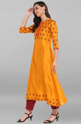 Janasya Mustard printed art silk kurtis 3