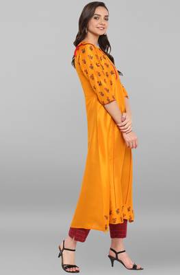 Janasya Mustard printed art silk kurtis 4