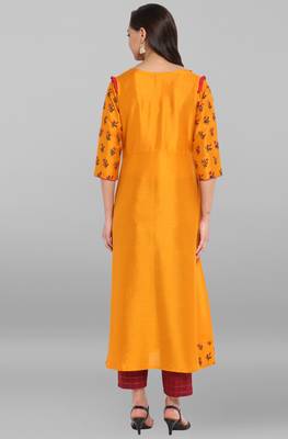 Janasya Mustard printed art silk kurtis 5