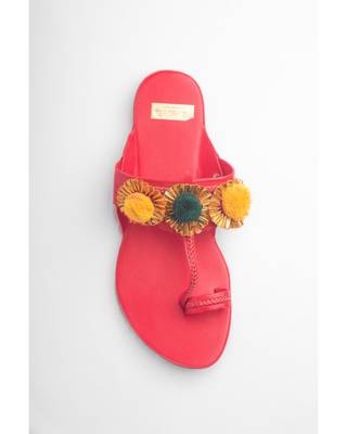 Red Kolhapuris With Pompoms 2