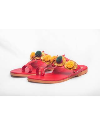 Red Kolhapuris With Pompoms 3