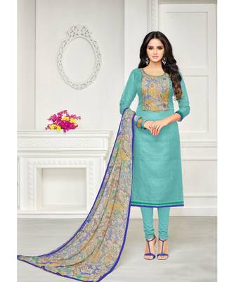 turquoise printed Chanderi Cotton unstitched salwar with dupatta 1