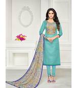 turquoise printed Chanderi Cotton unstitched salwar with dupatta