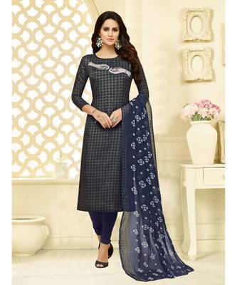 Grey printed Cotton Blend unstitched salwar with dupatta 1