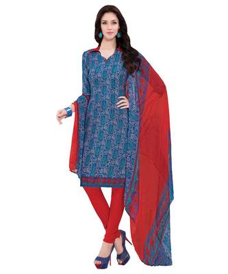 Blue printed Art Silk unstitched salwar with dupatta 1