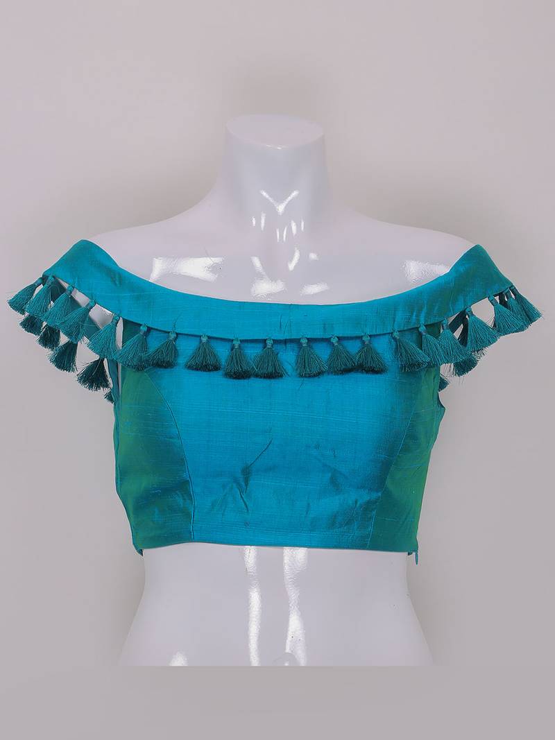 Designer Aquablue Color Silk Plain tassels lace Ready Made Blouse