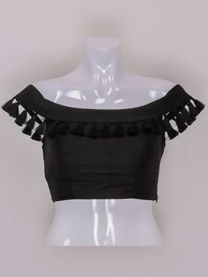 Designer  Black Colour Silk Plain tassels lace Ready Made Blouse 1
