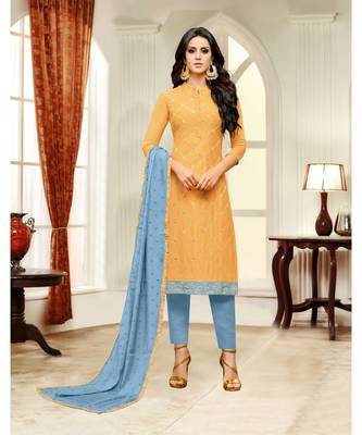 Yellow printed Silk Blend unstitched salwar with dupatta 1